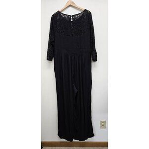 Torrid Challis Black Lace Wide Leg Jumpsuit Size 3X Side Zip Pockets 3/4 Sleeve